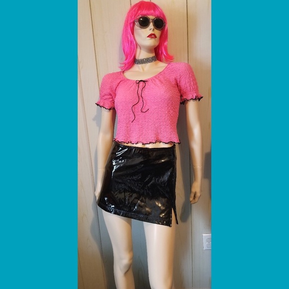 Vintage 90s Hot Pink Smocked Puffy Sleeve Babydoll Crop Top MOD Barbiecore - Picture 7 of 7